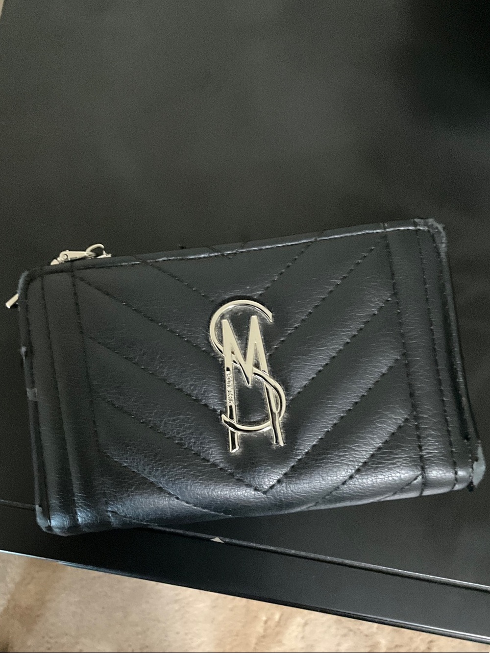 Steve Madden Black Quilted Zip Wallet with Silver Logo Accent